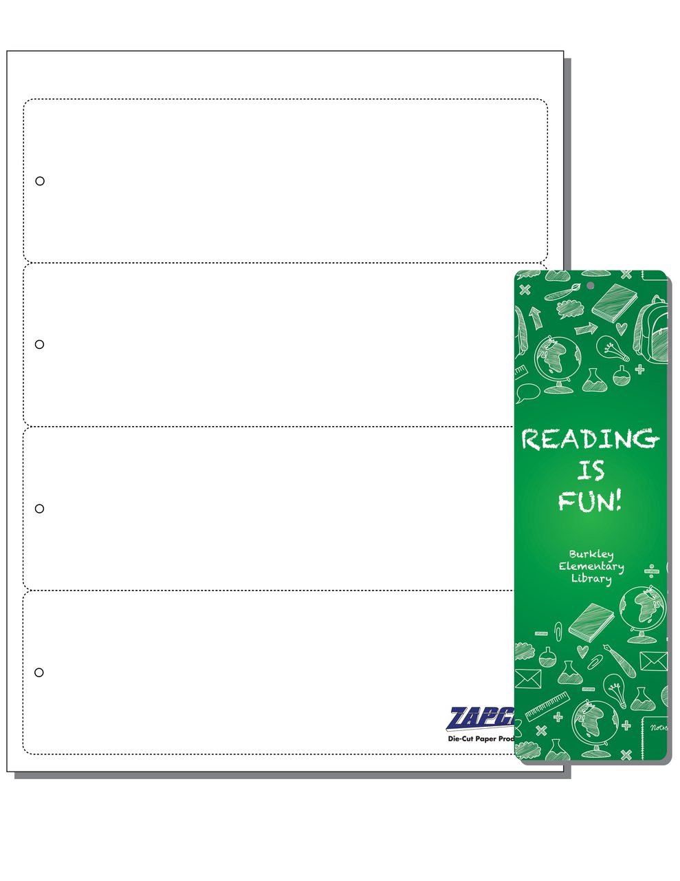 Zapco Print-ready Bookmarks, 2-1/2 x 8, 5-Up Perfed for Separation on White 8-1/2 x 11 65lb Astrobright Cover Paper - 250